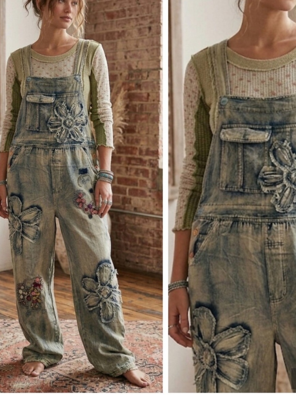 Blue Velvet Flower Patchwork Embroidered Denim Floral Appliqué Overalls Boho Fes
